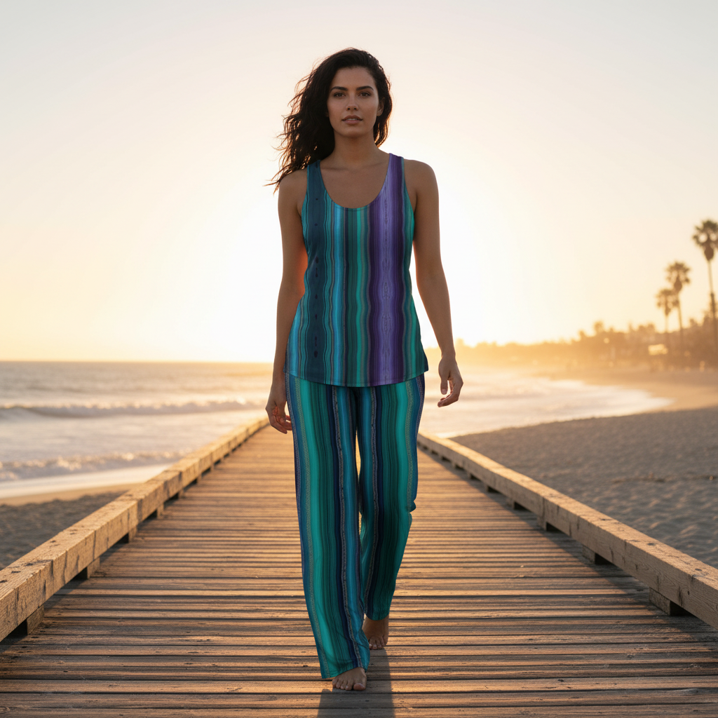 Woman crystal set beach boardwalk sunset