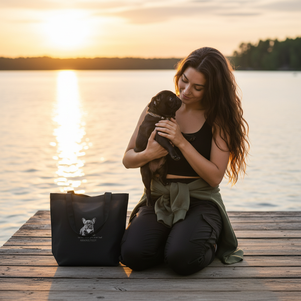 Woman cuddling black pug on wooden dock with eco tote bag at sunset
