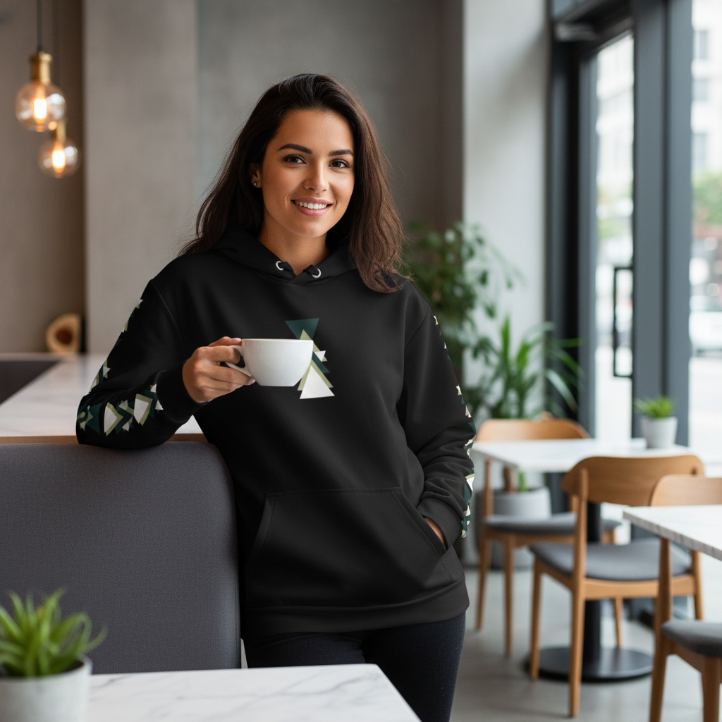 Woman holding coffee in black geometric triangle hoodie