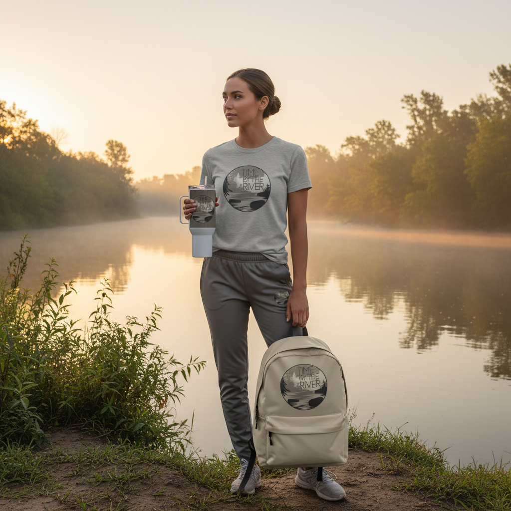 Woman in ash grey Time by the River t-shirt with track pants, backpack and travel mug by serene river at sunrise