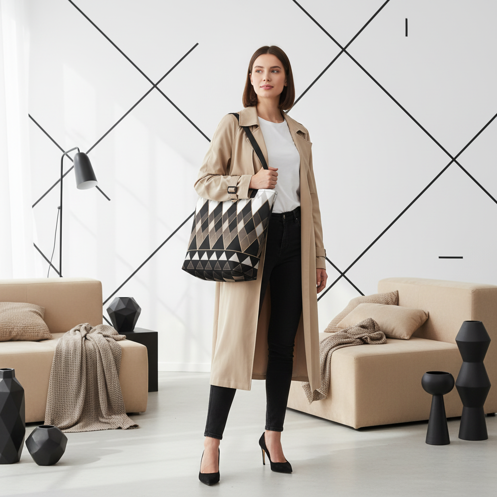 Woman in beige trench coat, white tee, black jeans with geometric tote bag in monochrome interior