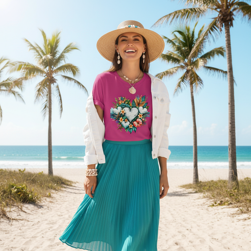 Woman in berry coastal hearts tee with turquoise midi skirt and white jacket