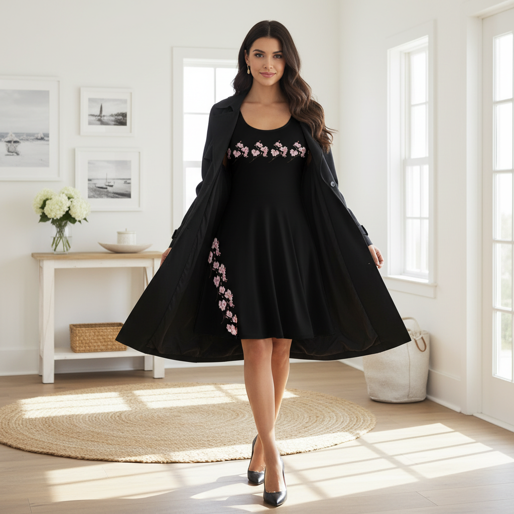 Woman in black dress with pink flowers 4