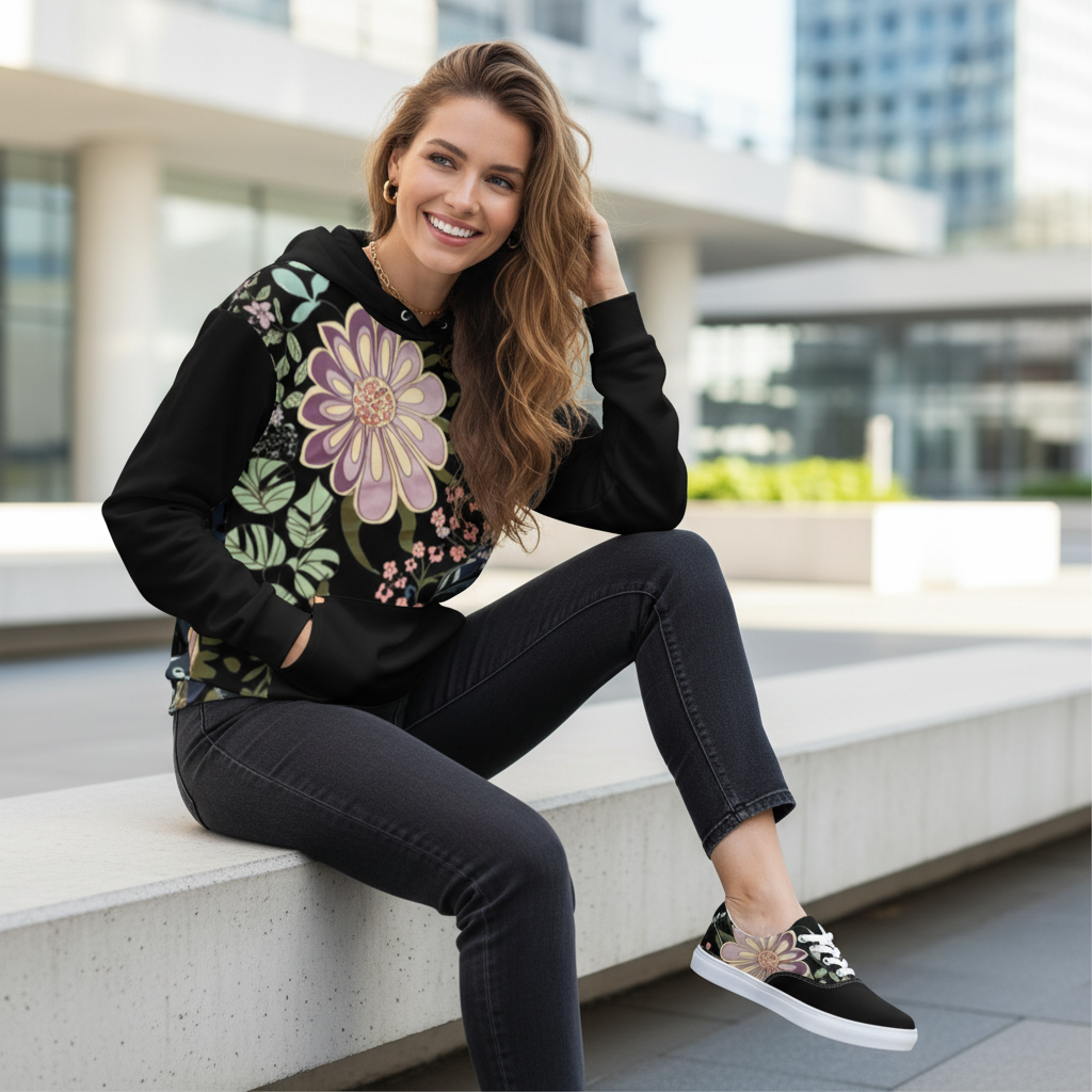 Woman in black floral hoodie with dark jeans and matching floral canvas shoes