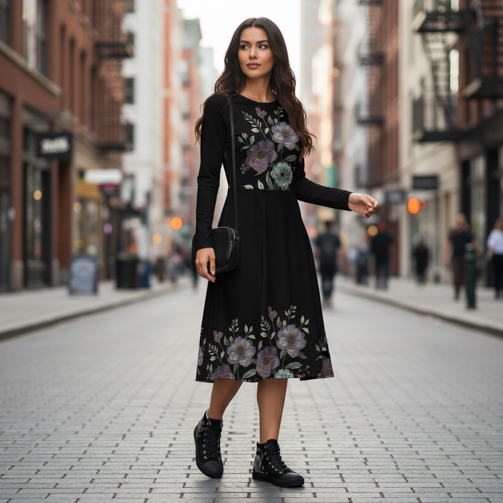 Woman in black floral midi dress with matching sneakers on city street