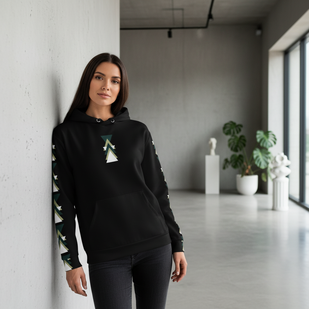 Woman in black geometric triangle hoodie leaning against wall