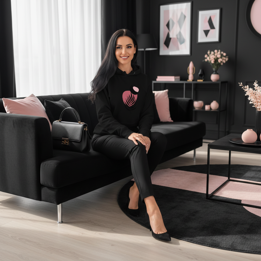 Woman in black hoodie with pink leaf design and black tailored pants in living room