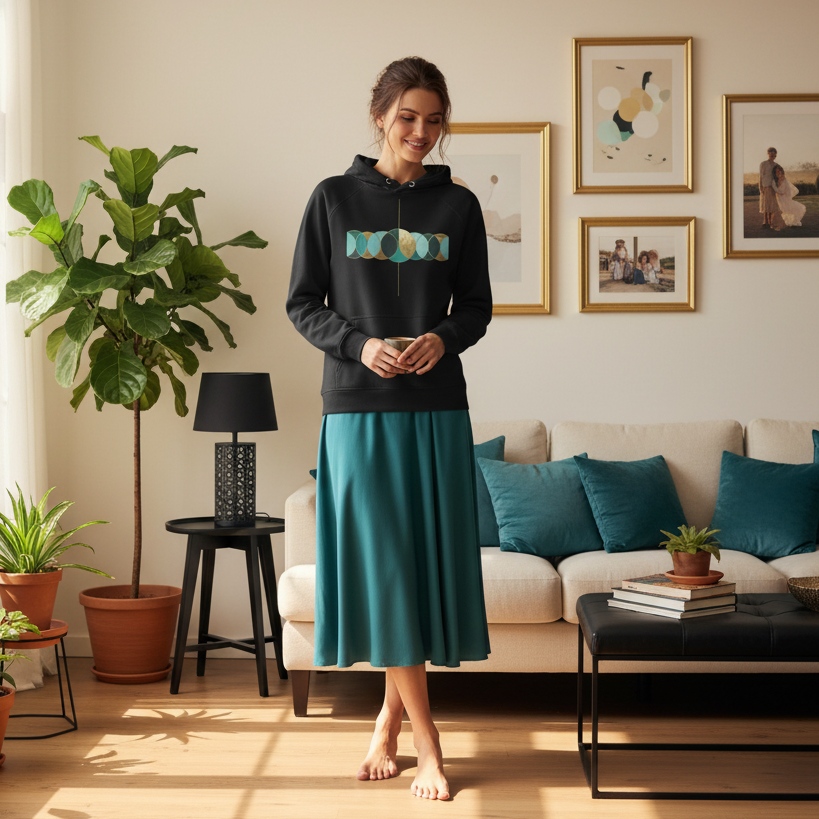 Woman in black hoodie with teal skirt in bright cozy living room with coordinated decor