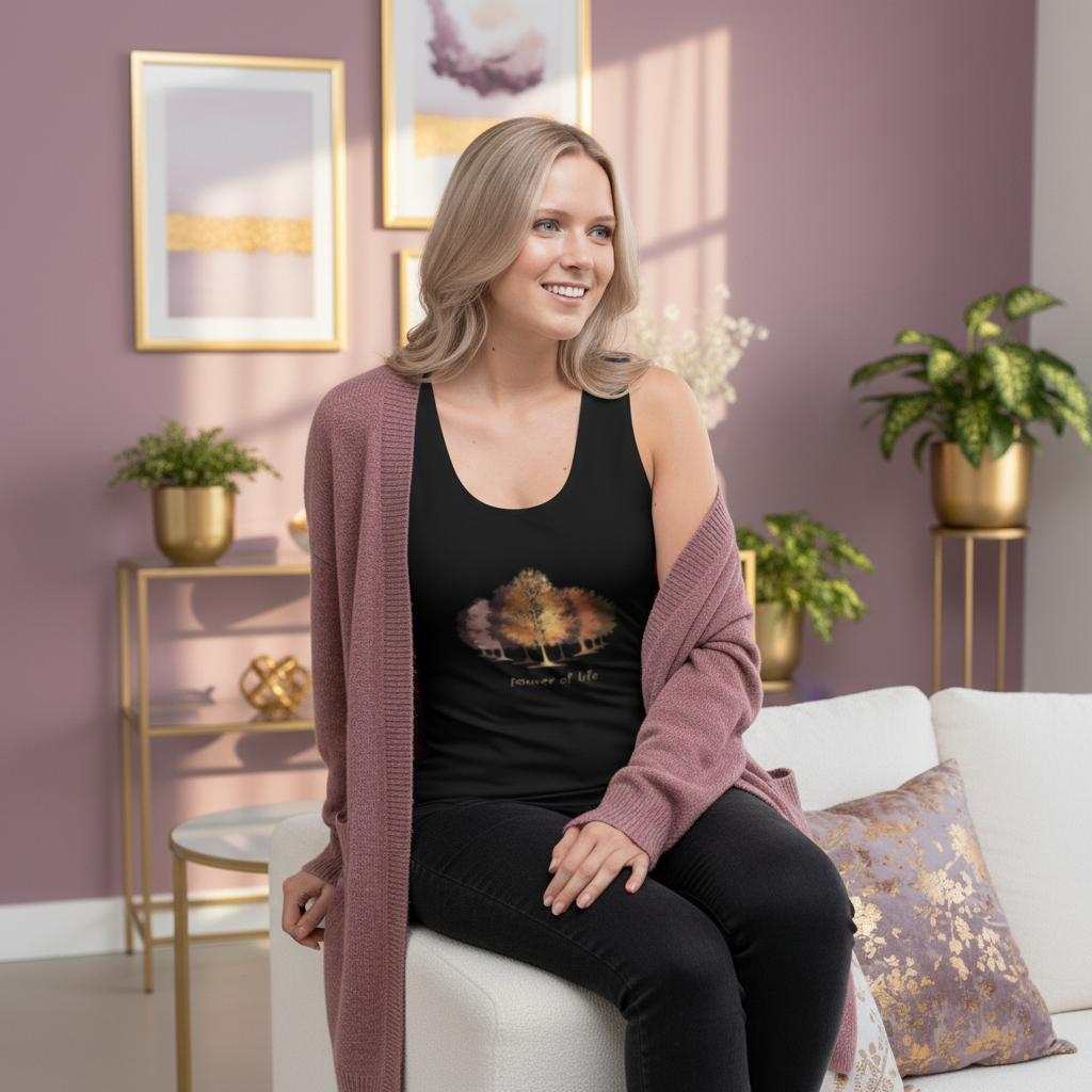 Woman in black Journey of Life tank top with oversized mauve cardigan and jeans sitting on sofa