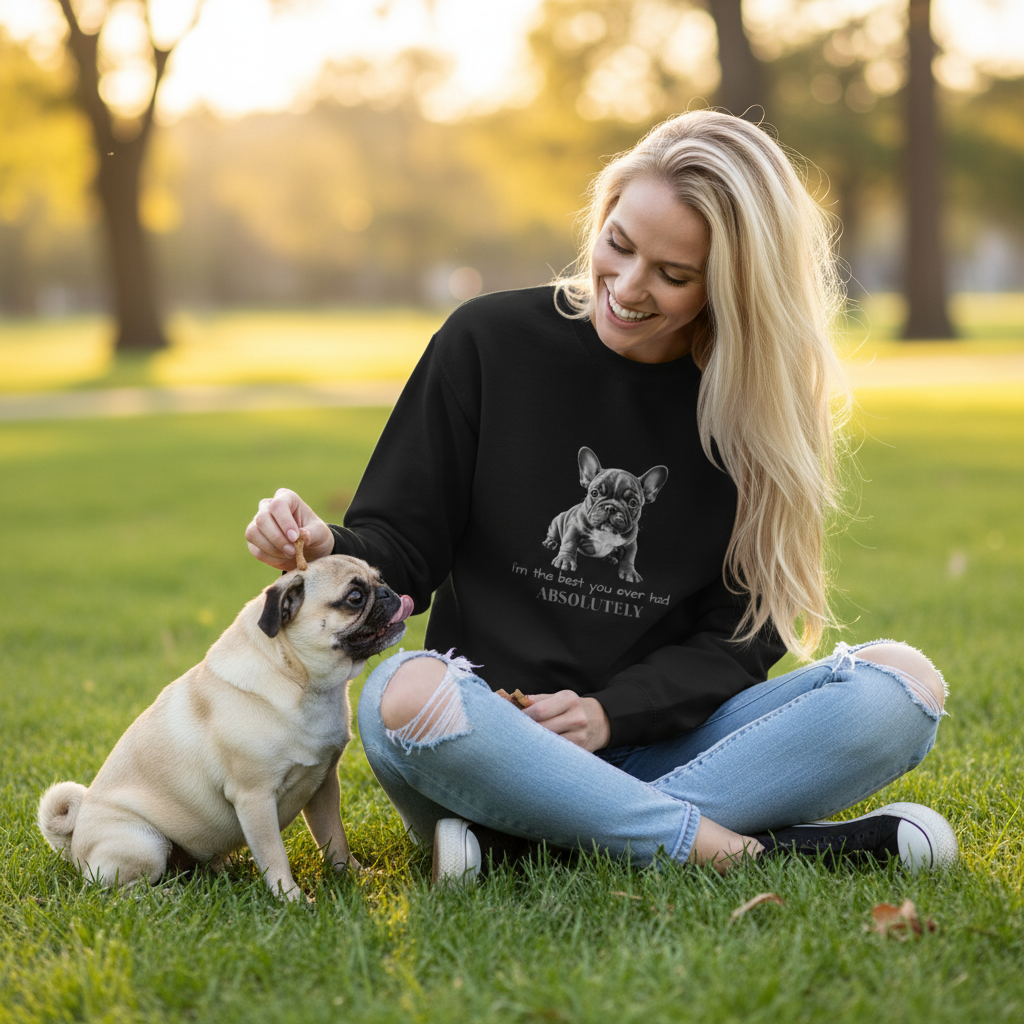 Woman in black sweatshirt giving treats to pug during play