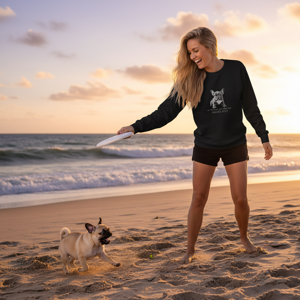 Woman in black sweatshirt playing frisbee with pug on beach