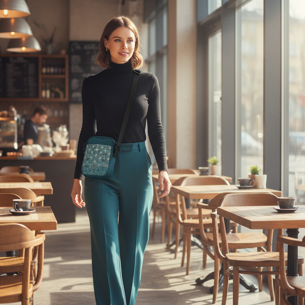 Woman in black turtleneck with teal wide-leg pants and teal geometric bag in bright cafe