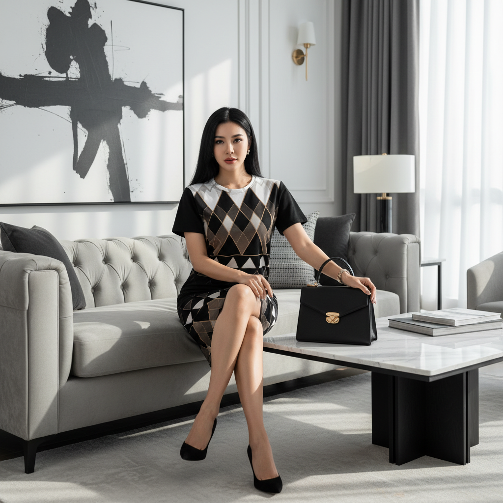 Woman in black white geometric dress 3