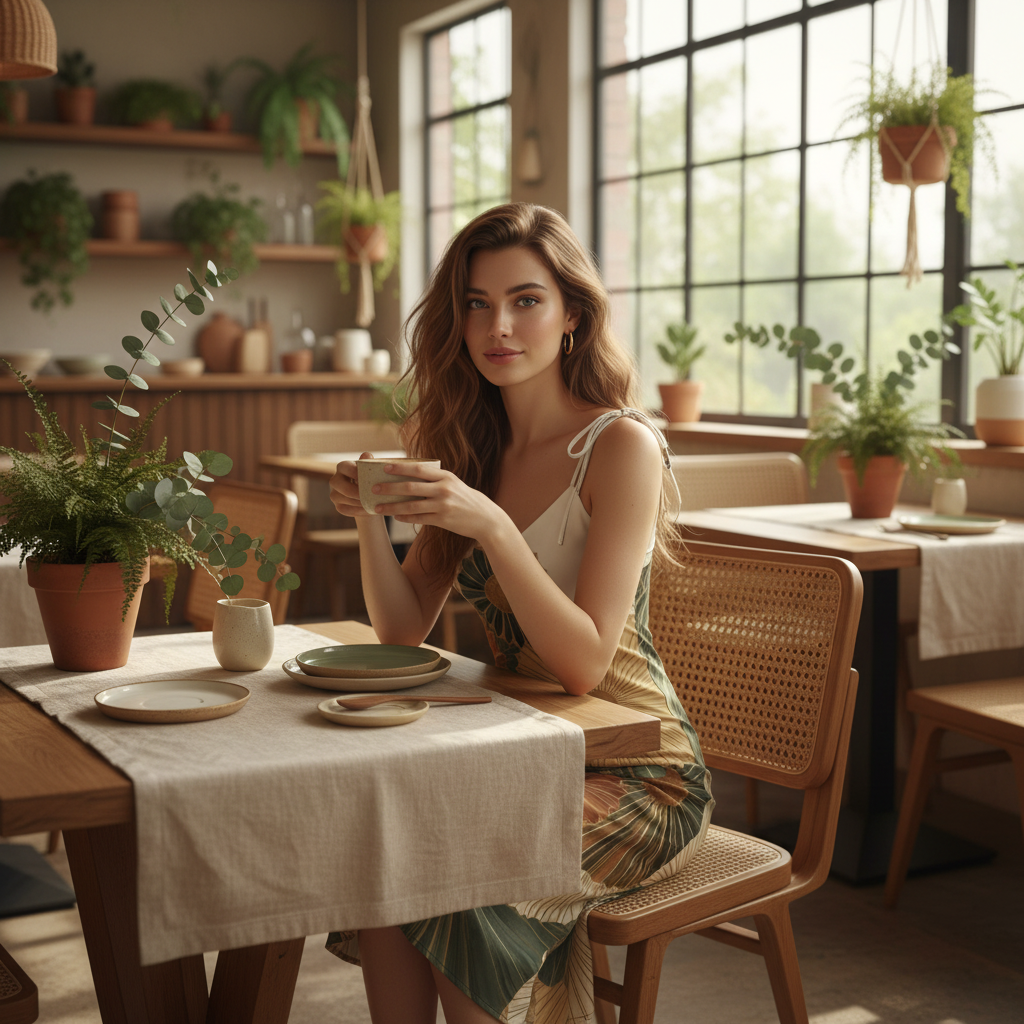 Woman in botanical dress at natural organic restaurant