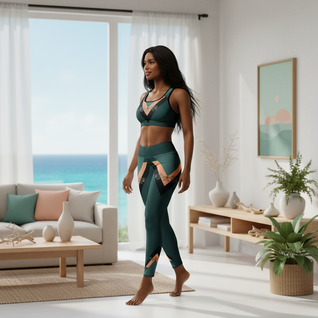 Woman in botanical print sports bra and leggings in serene coastal living space