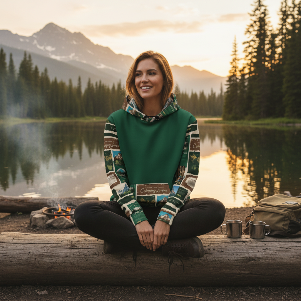 Woman in camping lovers hoodie at lakeside campsite