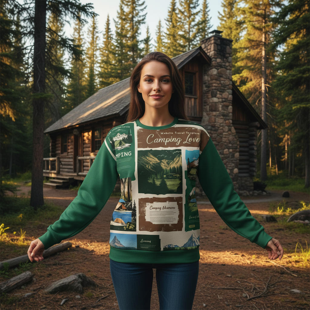Woman in camping lovers sweatshirt near Canadian log cabin in forest