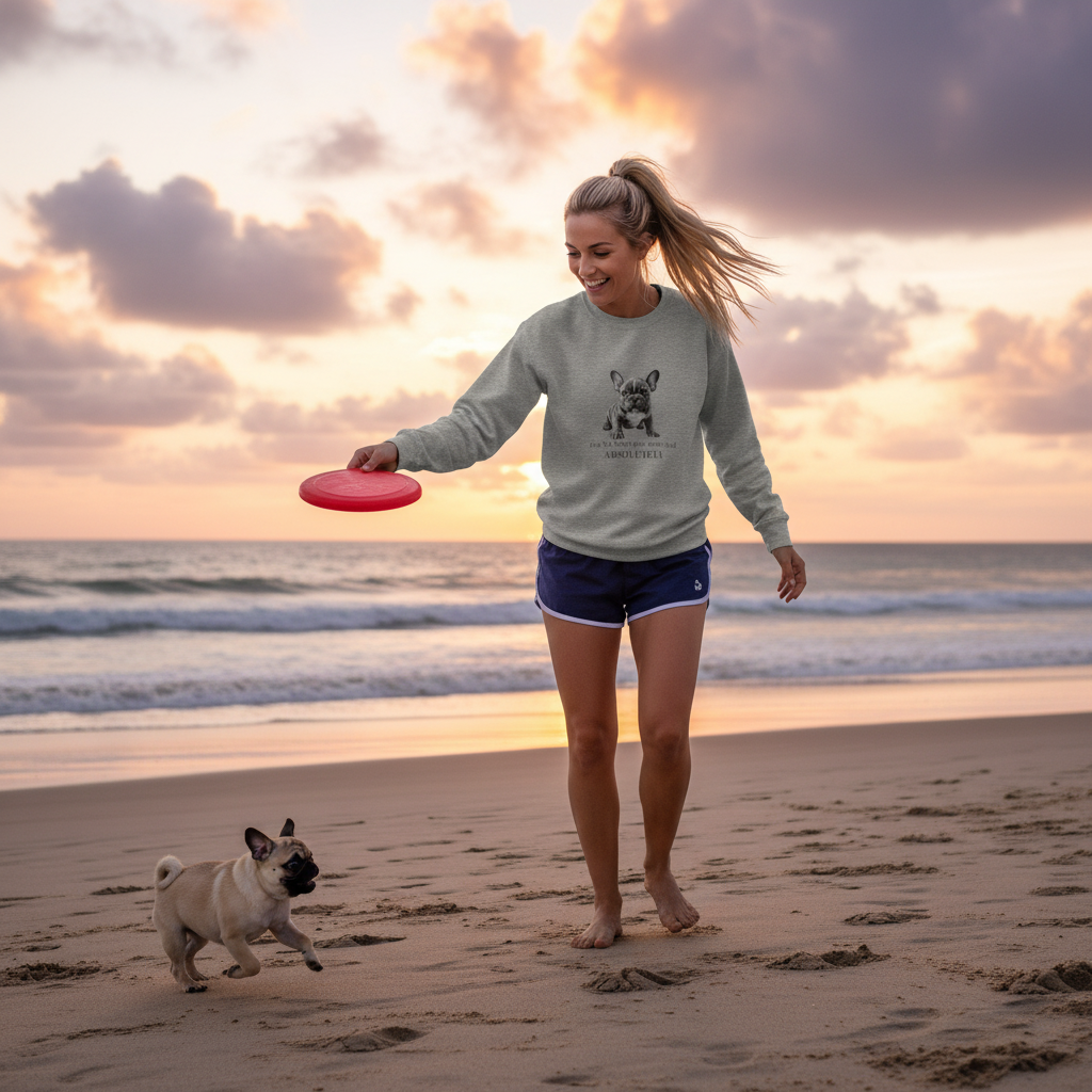 Woman in carbon grey sweatshirt playing fetch with pug on beach