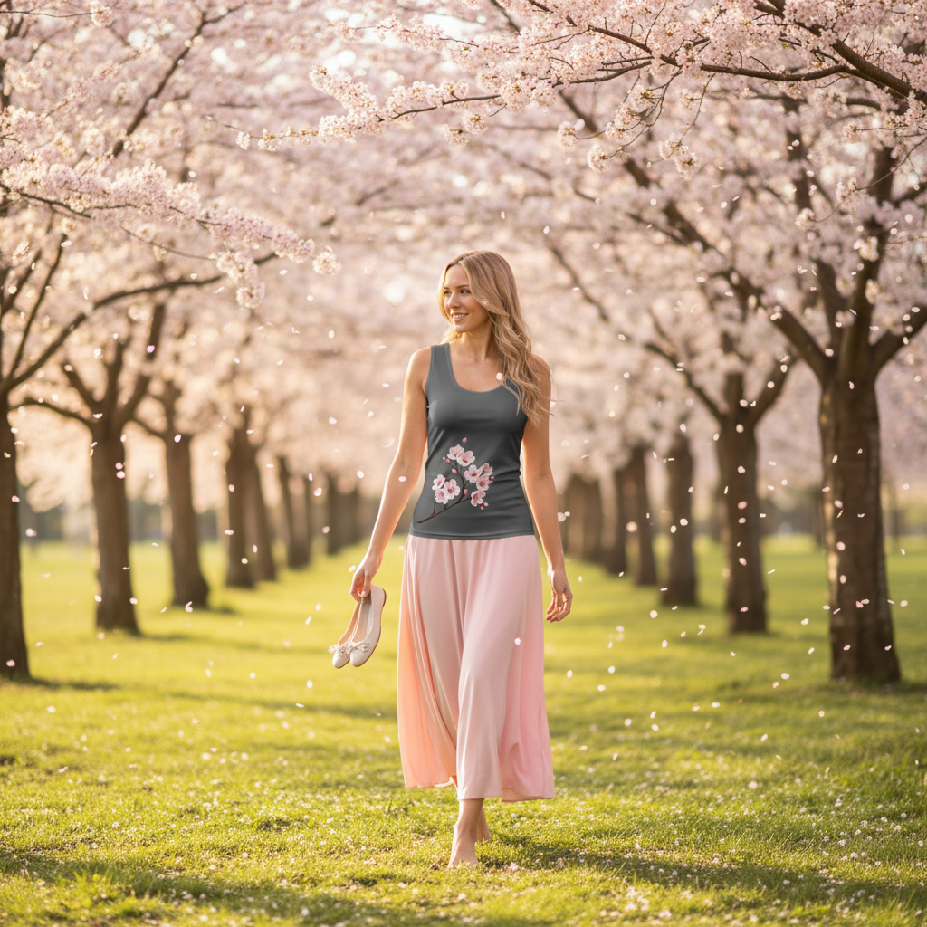 Woman in cherry blossom tank top with pink skirt in blooming park