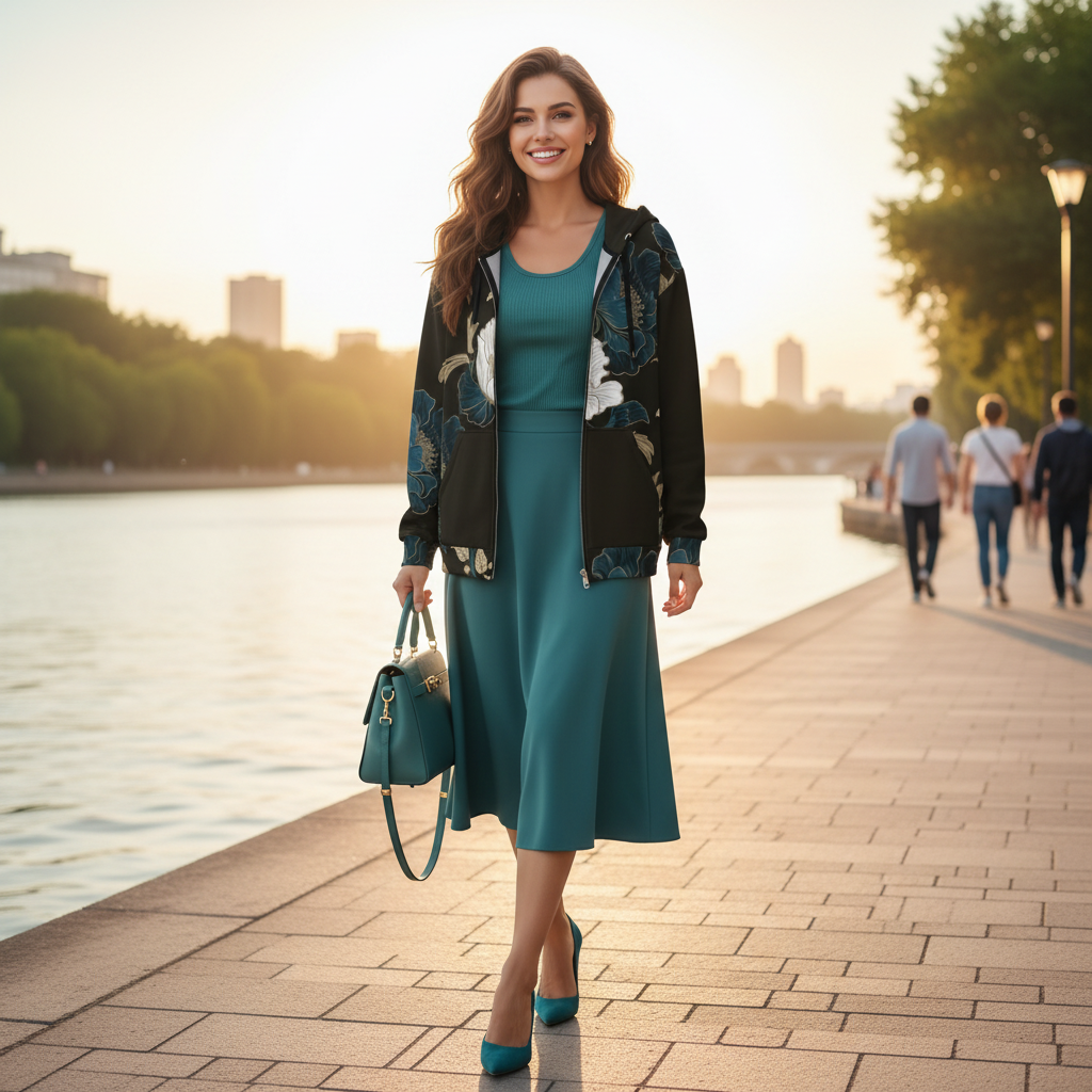 Woman in completely open black floral zip hoodie with teal midi skirt and accessories