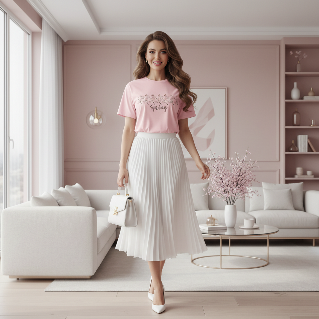 Woman in cotton pink cherry blossom t-shirt with white skirt in pink apartment