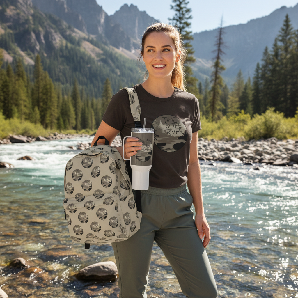 Woman in dark chocolate brown Time by the River t-shirt with track pants, backpack and travel mug hiking by mountain river