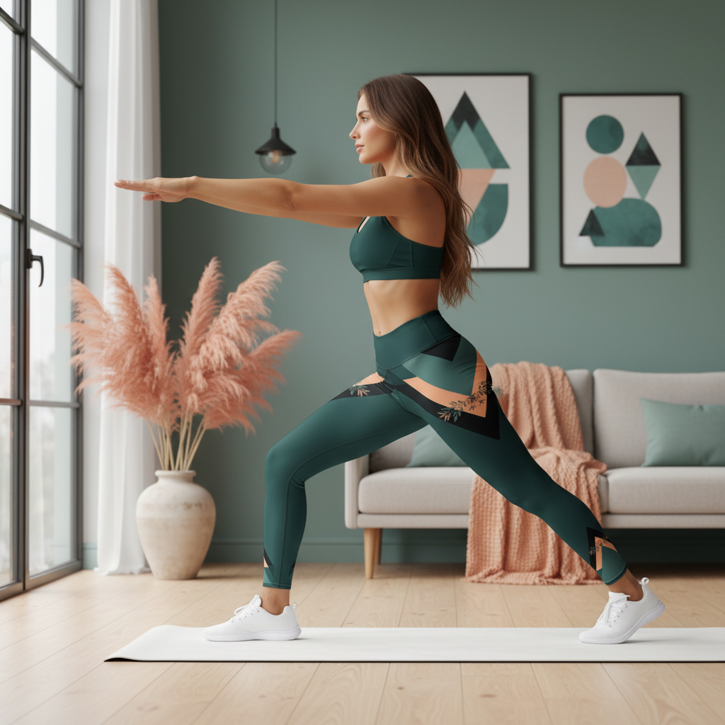 Woman in dark green geometric yoga leggings doing yoga in modern home interior