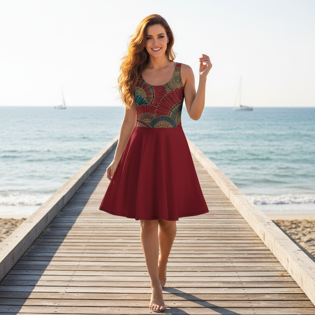 Woman in fan pattern skater dress on coastal boardwalk