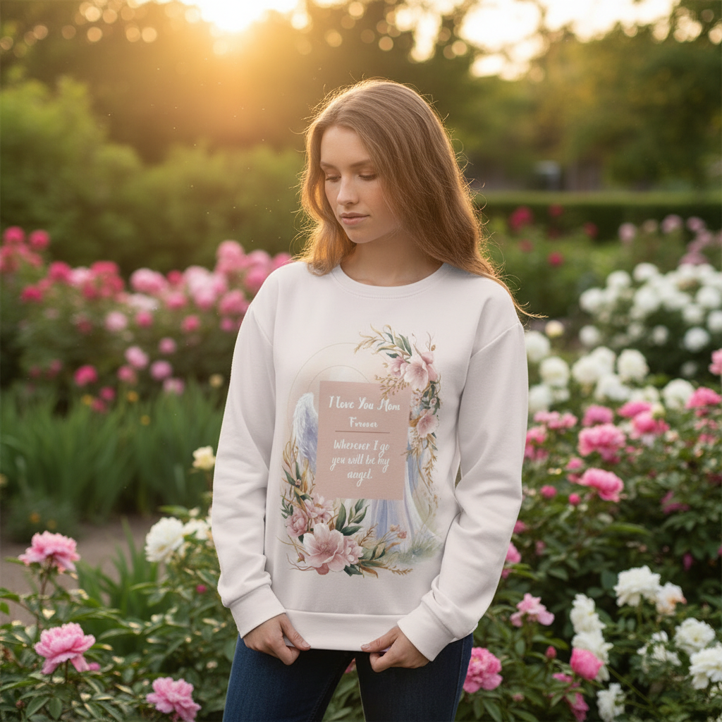 Woman in garden wearing angel Mom sweatshirt