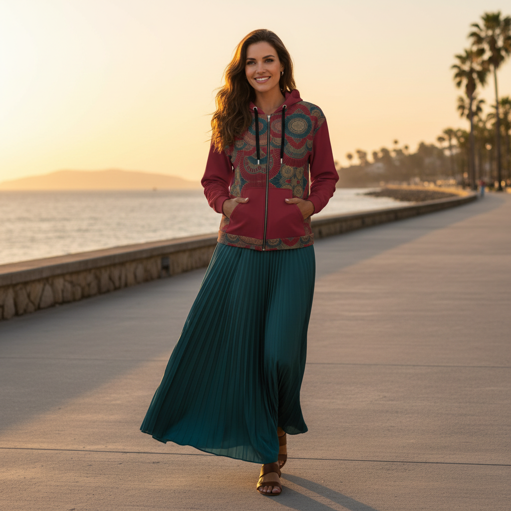 Woman in geometric hoodie with teal maxi skirt