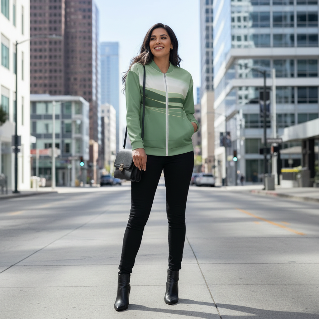 Woman in green bomber with black skinny jeans