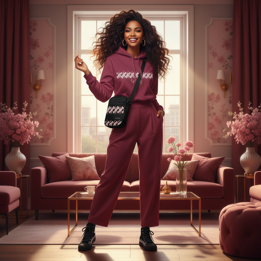 Woman in maroon cherry blossom hoodie with maroon trousers and accessories