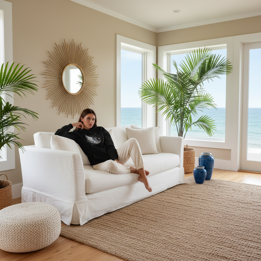 Woman in Night Wing hoodie with front design on coastal sofa