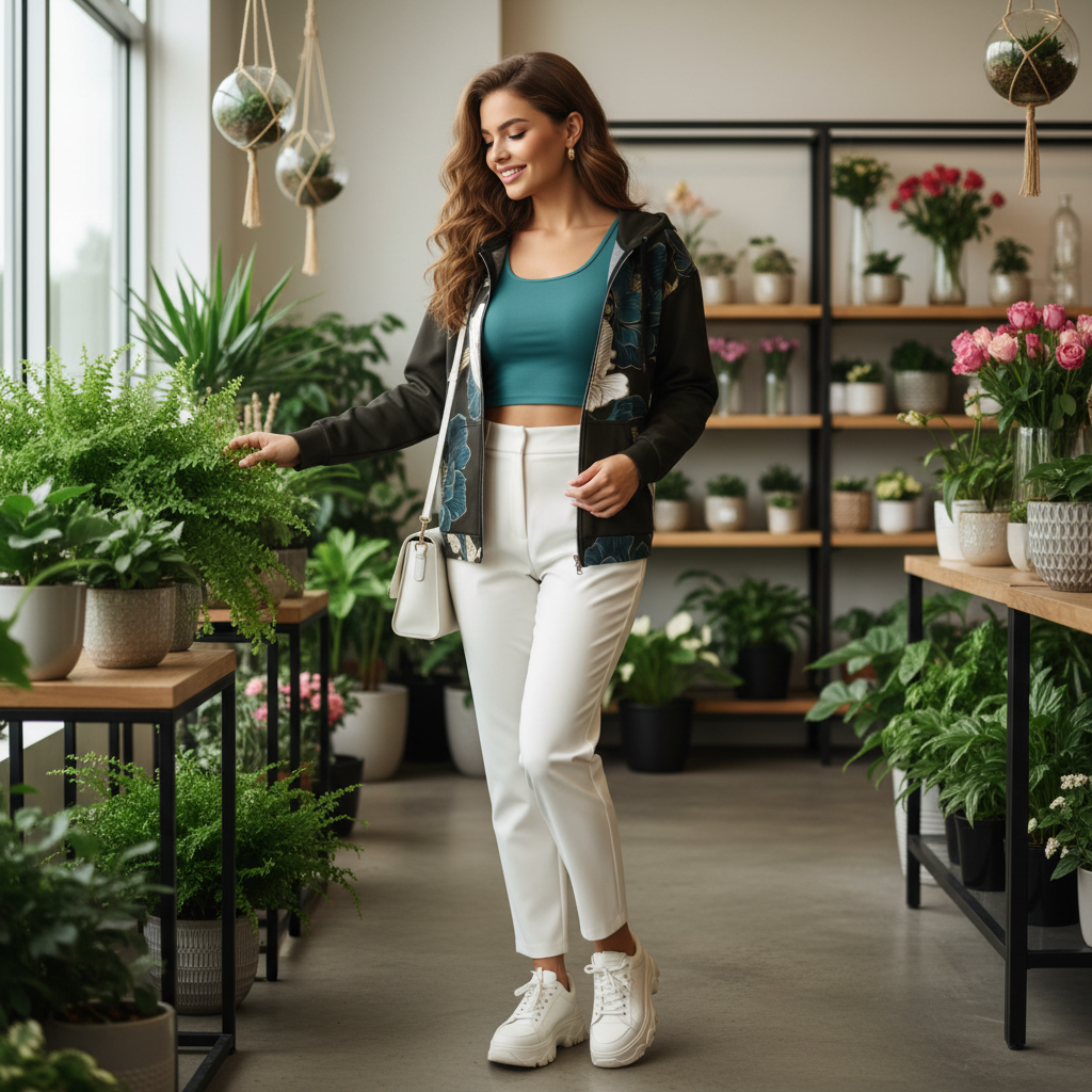 Woman in open black floral zip hoodie with teal top, white pants and accessories