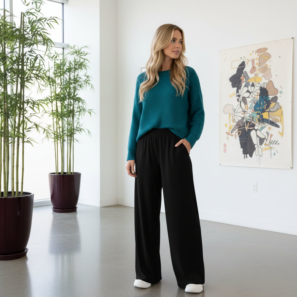 Woman in Oriental pants with teal knit sweater