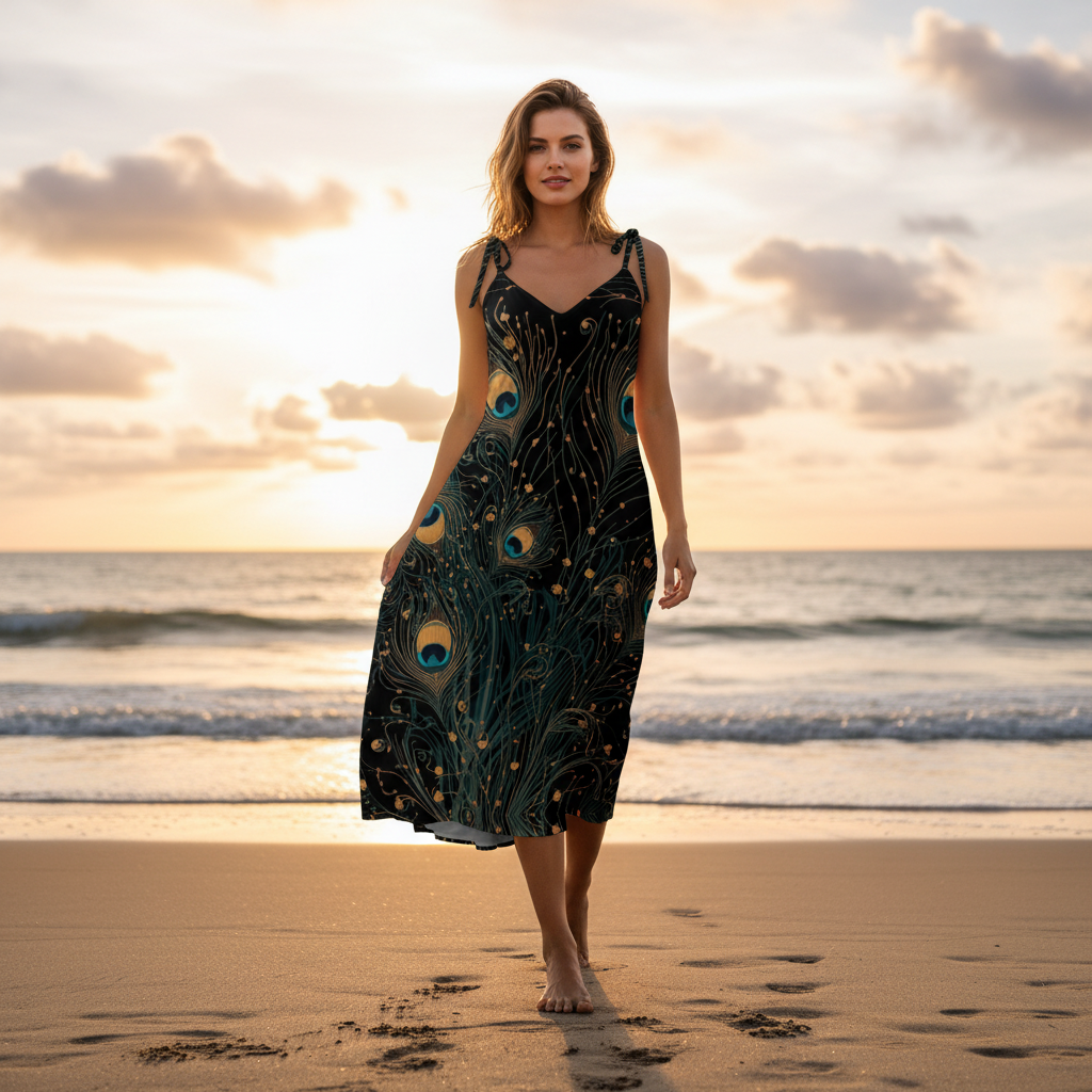 Woman in peacock dress beach sunset