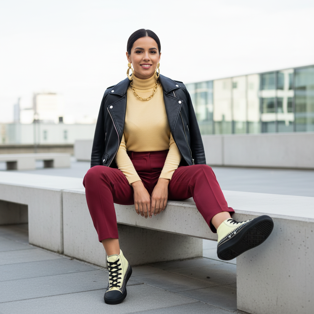 Woman in red trousers yellow turtleneck and black leather jacket with yellow geometric high-tops