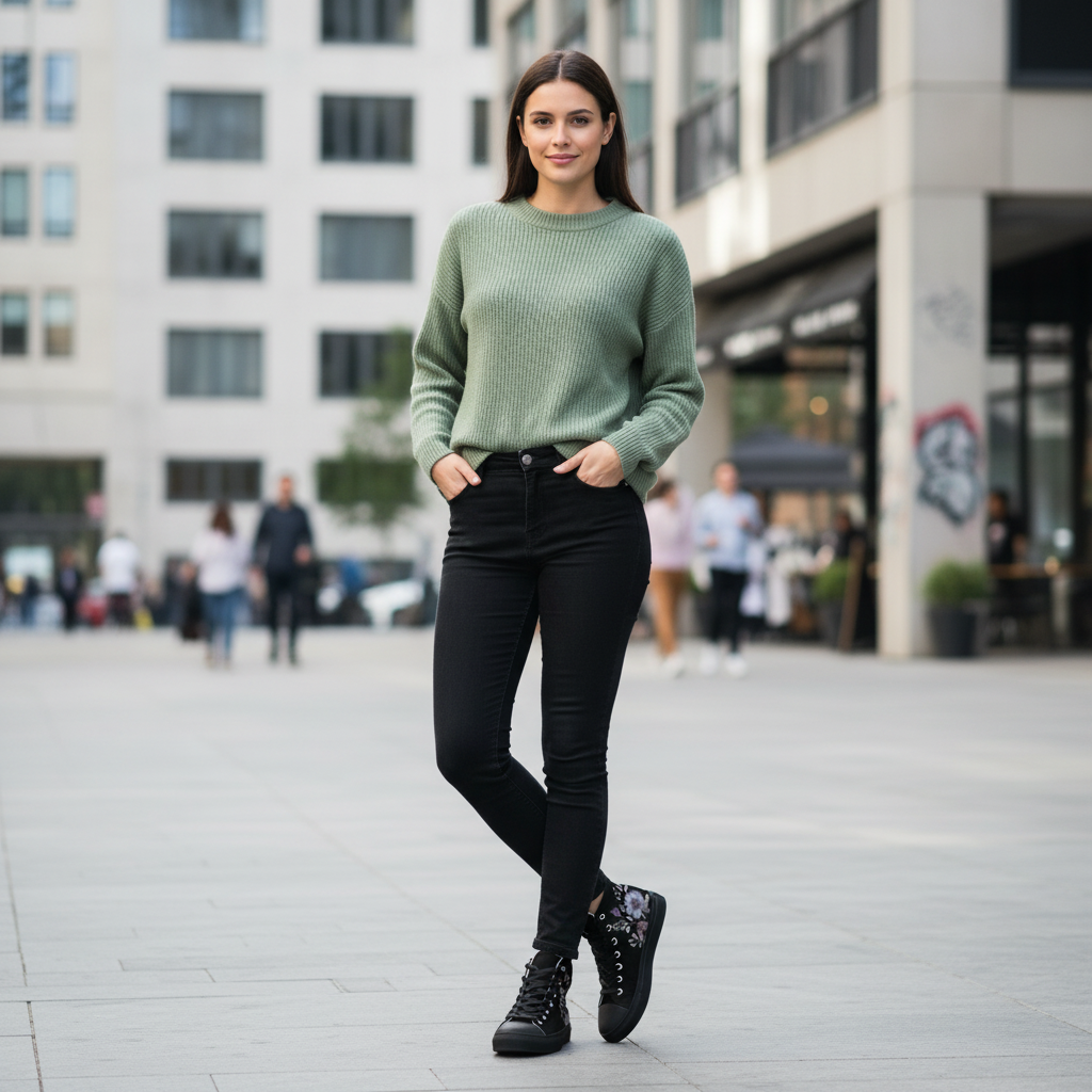 Woman in sage green sweater and jeans with floral sneakers