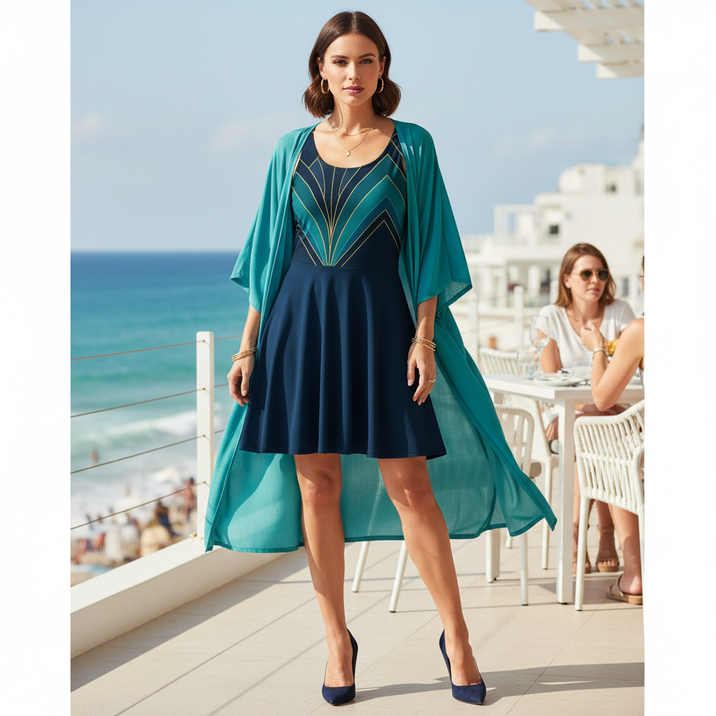 Woman in skater dress with teal kimono on coastal terrace