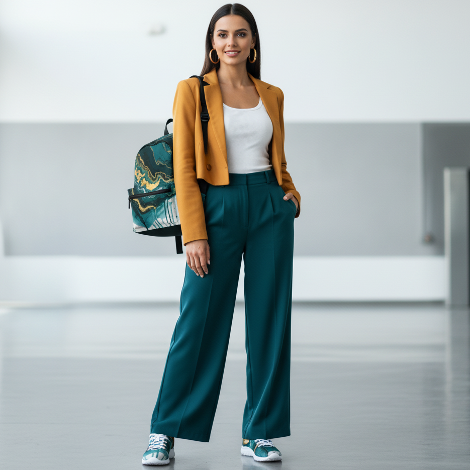 Woman in teal wide-leg trousers white tank and gold blazer with abstract shoes and backpack clearly visible