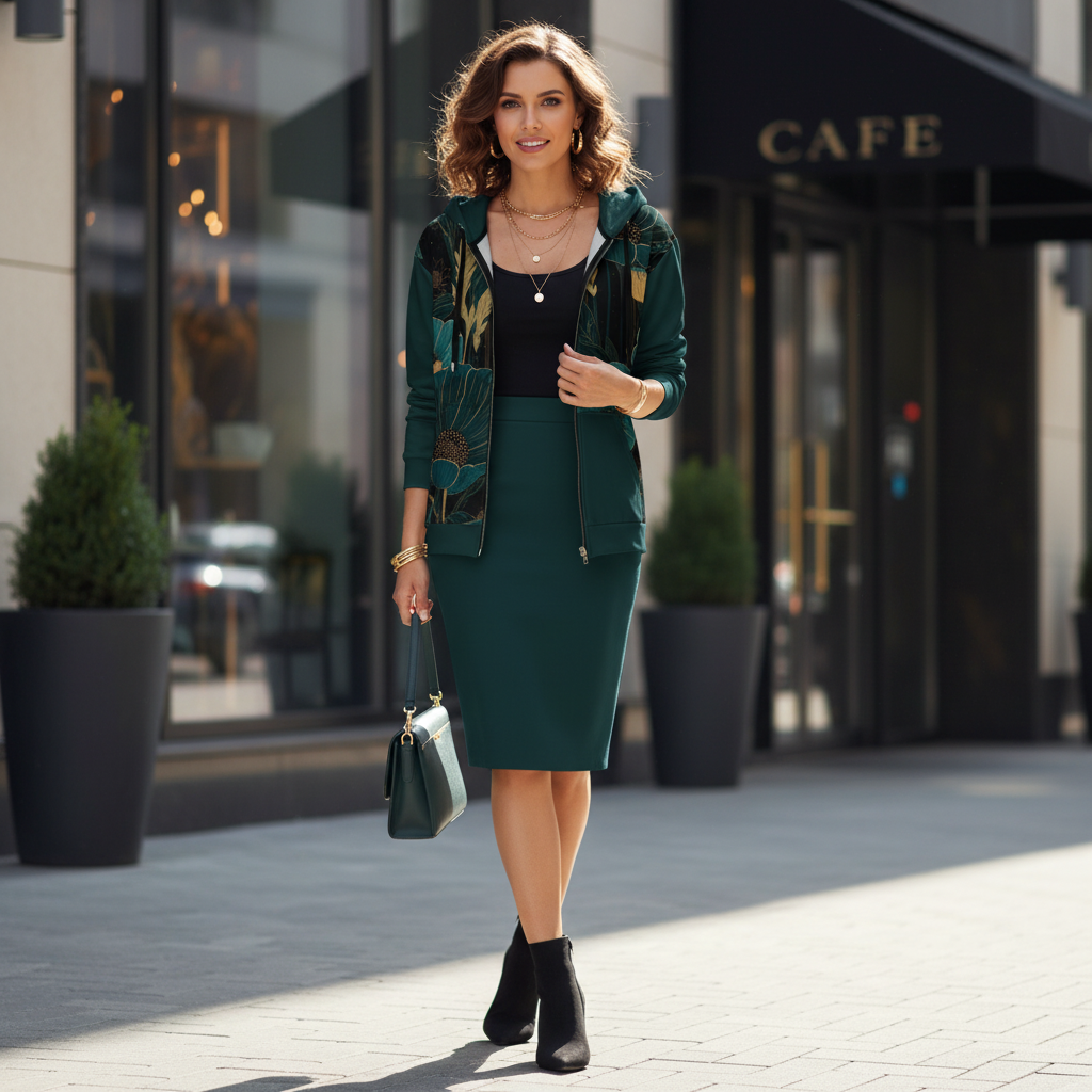 Woman in unzipped teal hoodie with dark teal pencil skirt