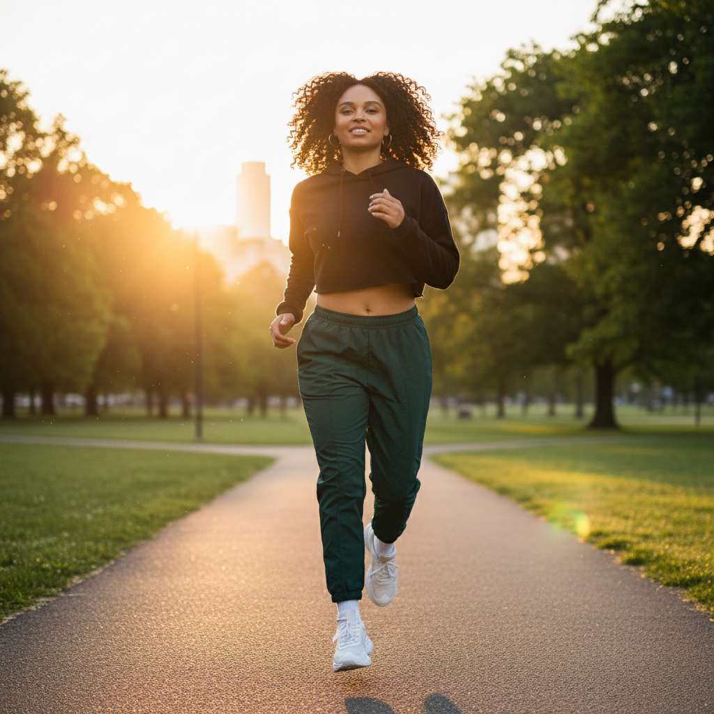 Woman jogging in exact dark green patterned track pants