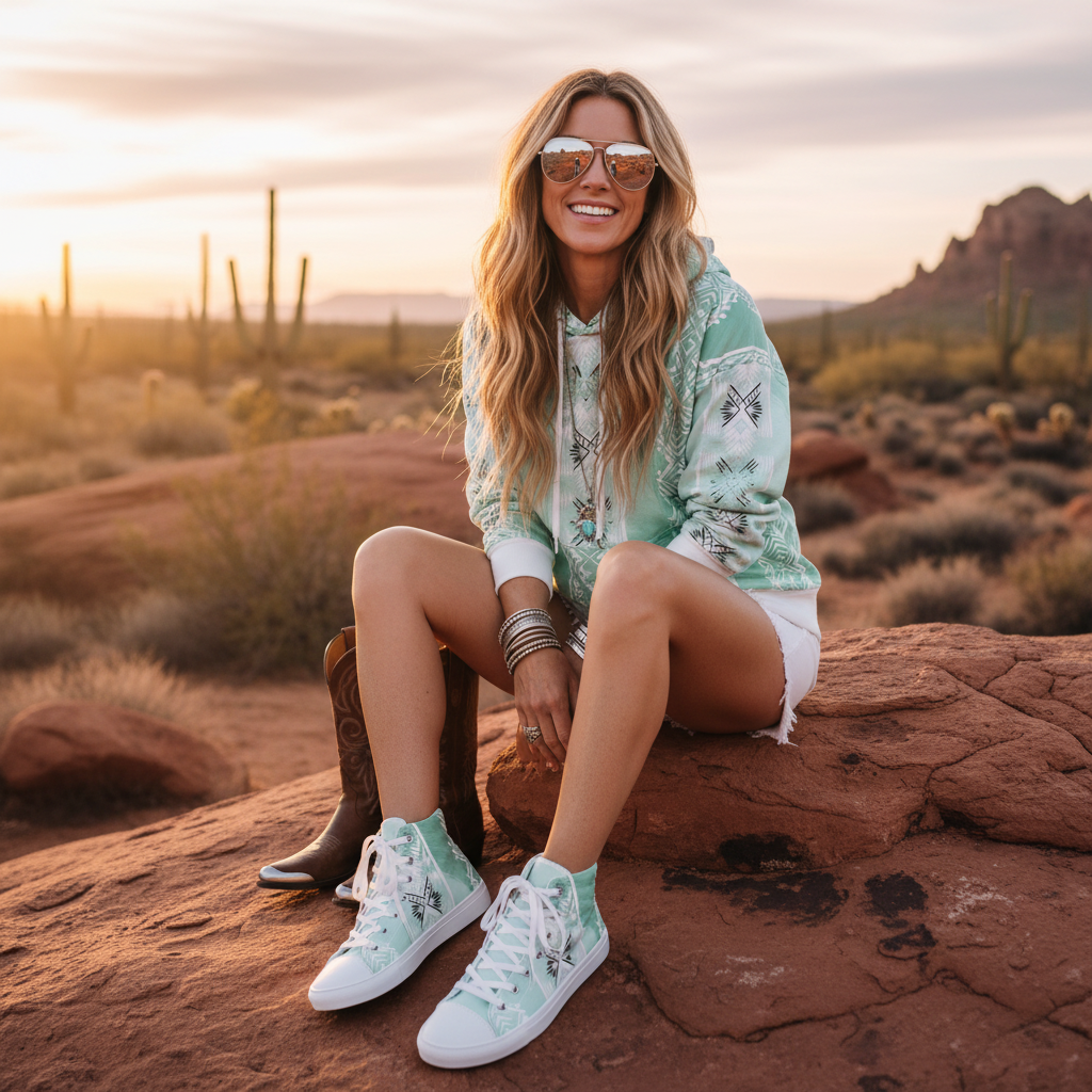 Woman on desert rock in mint tribal hoodie with coordinated geometric high-tops and shorts