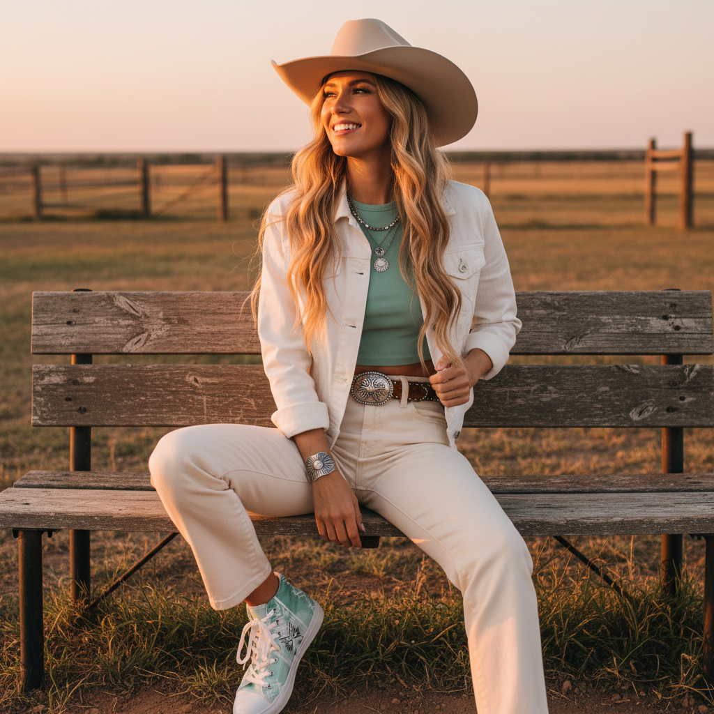 Woman on ranch bench in white jeans mint crop top with mint geometric high-tops hero shot