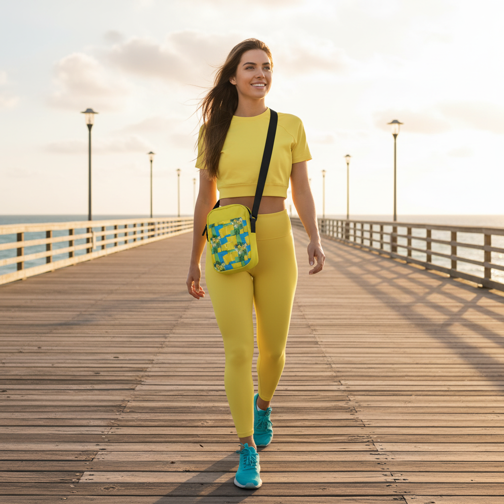 Woman on seaside promenade in sporty yellow and turquoise