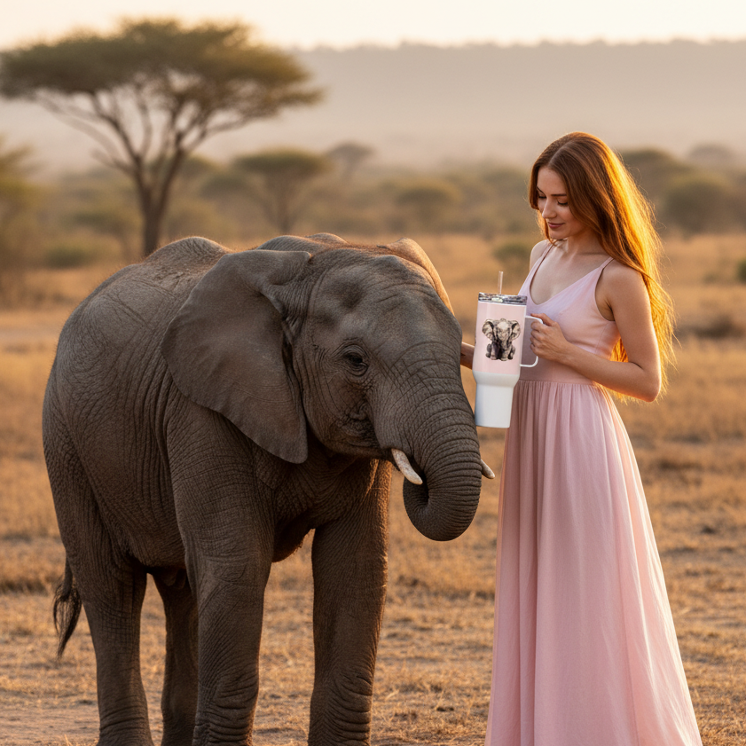 Woman pink dress same height elephant holding travel mug near elephant trunk heartwarming magical
