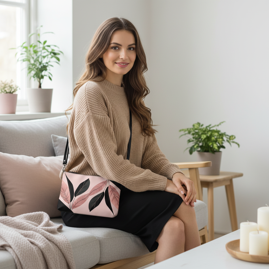 Woman sitting on sofa wearing black pencil skirt and gray sweater with pink black botanical crossbody bag in Scandinavian interior