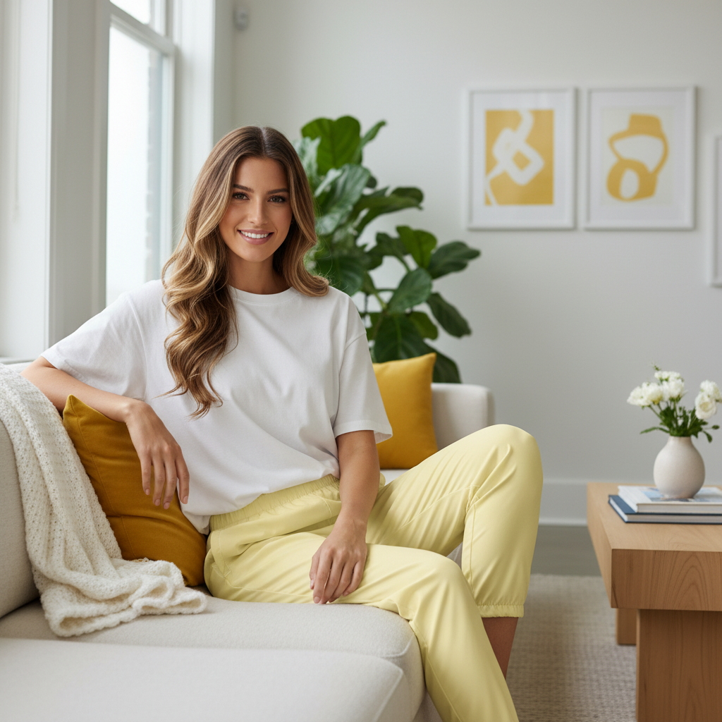 Woman sitting on sofa wearing soft yellow track pants and white oversized sweater in bright interior