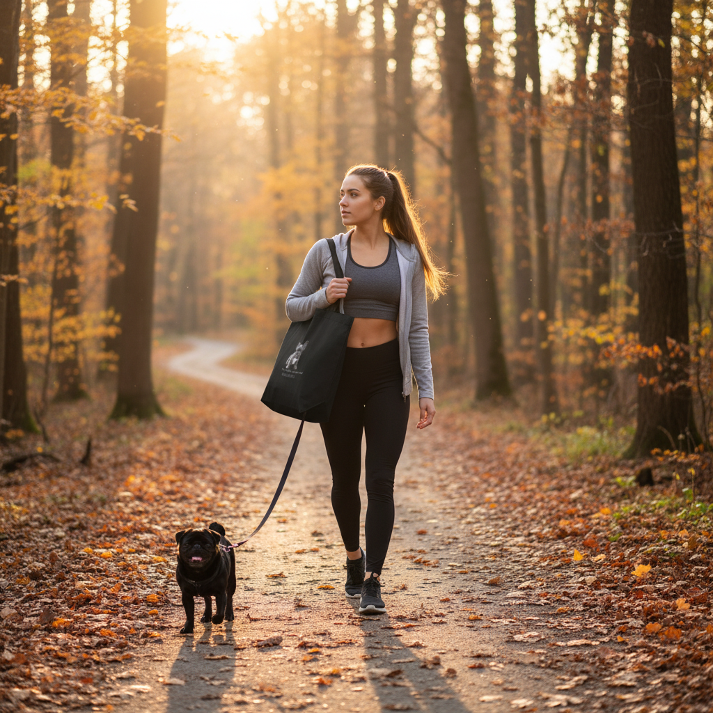 Woman walking black pug on forest path with eco tote bag