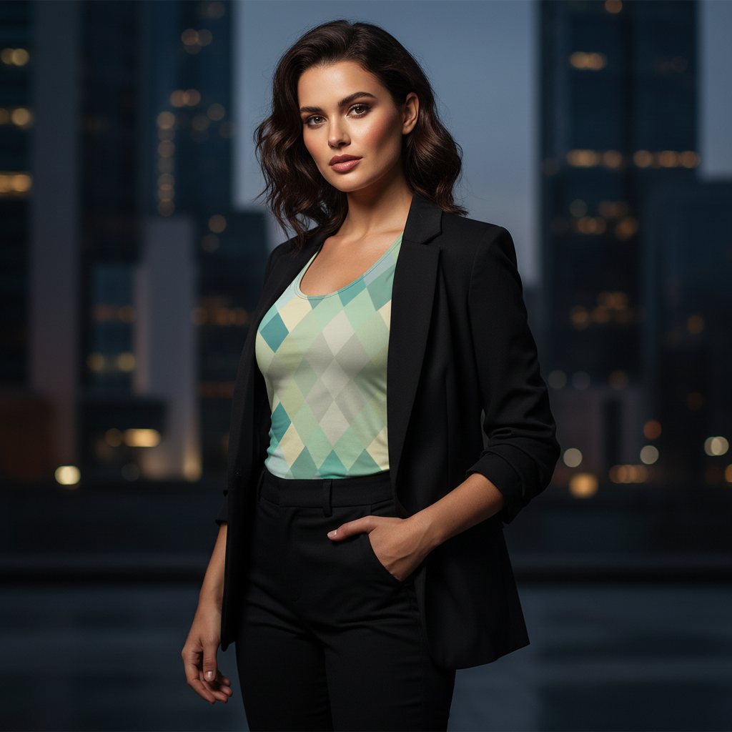 Woman wearing black blazer turquoise geometric tank top black trousers business casual bold contrast sophisticated style